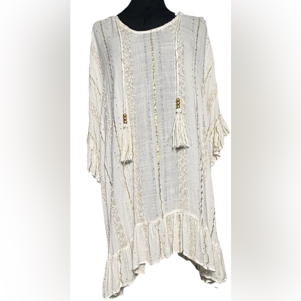 Surf Gypsy, Boho Oversized Tassel Semi Sheer Mini Dress, Size Small